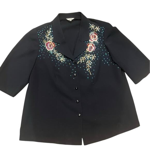 Vtg Black Floral Sequin Boho Glam Artsy Eclectic Party Shirt Jacket Shacket 2X - Picture 2 of 9